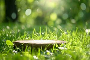 AI generated Round cut of a tree, a pedestal for an object, a podium for cosmetics. Summer sunshine, against the background of lush green grass.. High quality photo. generative ai. photo
