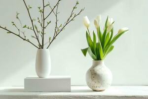 AI generated Empty white box and white tulips in a vase on a light background. Mockup banner, podium for display of advertise product. generative ai. photo