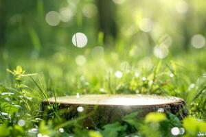 AI generated Round cut of a tree, a pedestal for an object, a podium for cosmetics. Summer sunshine, against the background of lush green grass.. High quality photo. generative ai. photo