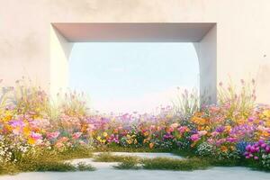 AI generated Spring floral installation scene with geometric arch form. 3d rendering. generative ai. photo