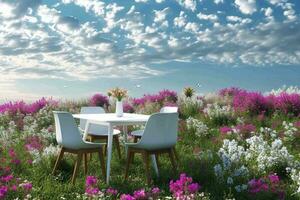 AI generated Abstract 3d render, Platform and Natural podium background, White table and chairs set on the flowers and grass filed backdrop blue sky and clouds for product display or etc. photo