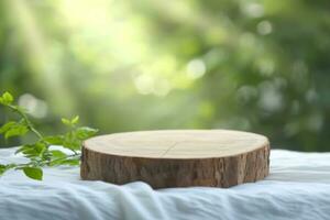 AI generated A round cut of a tree, a pedestal for an object, a podium for cosmetics on a white fabric. Summer sunshine, against the background of lush green leaves. High quality photo. generative ai. photo