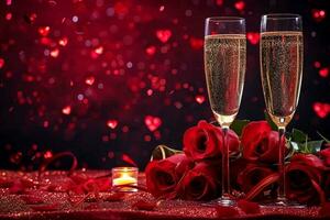 AI generated Valentines day background with champagne glasses and red roses. generative ai. photo