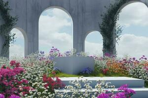 AI generated Abstact 3d render spring scene and Natural podium background, White stone podium on the colorful flowers and grass field backdrop three arch doors for product display advertising. photo