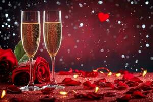 AI generated Valentines day background with champagne glasses and red roses. generative ai. photo