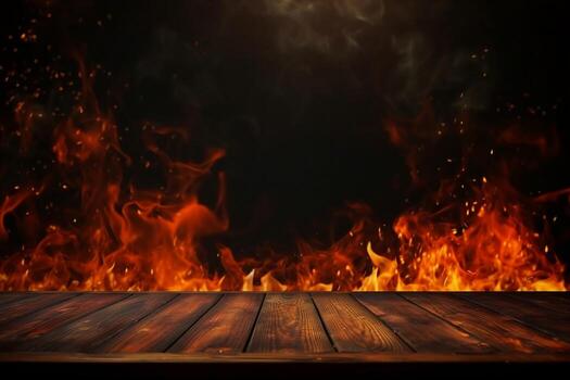 AI generated wooden table with Fire burning at the edge of the table, fire particles, sparks, and smoke in the air, with fire flames on a dark background to display products. generative ai. photo