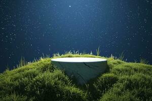 AI generated Abstact 3d render Natural background, Stone podium on the grass field, backdrop the stars that shine in the night sky for product display, advertising, cosmetic or etc. generative ai. photo