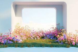 AI generated Spring floral installation scene with geometric arch form. 3d rendering. generative ai. photo