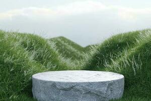 AI generated 3d render platform and Natural podium background on the mountain grass field, cloud and sky for product stand display advertising cosmetic beauty products or skincare. generative ai. photo