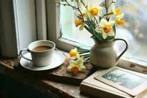 AI generated Cozy Easter spring still life. Greeting card mockup scene. Cup of coffee, books, wooden cutting board, milk pitcher and vase of flowers on windowsill. Floral composition. generative ai. photo