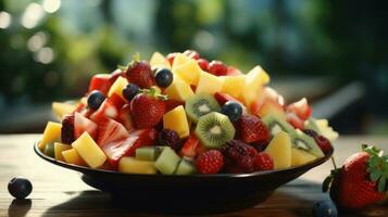 ai generado Fruta ensalada en el mesa foto