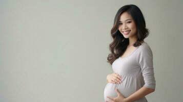 AI generated A photo of a pregnant woman in a casual pose with smilling against a plain white backdrop