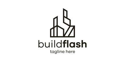 logo design combining the shape of a building with lightning, minimalist line logo design. vector