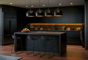 AI generated A sleek and modern, dark black kitchen exudes photo