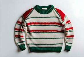 AI generated Red and green knitted sweater on white background top view. photo