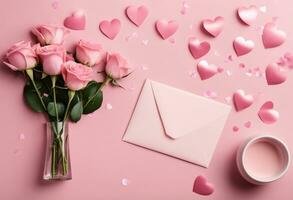 AI generated Top view on open pink envelope with paper card, bouquet of pink rose flowers in vase and heart confetti on pastel pink table background. Birthday, Wedding, Mother's Day, Valentine's day, photo