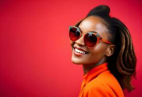 AI generated Beautiful woman wearing stylish sunglasses and smiling against red background photo