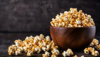 AI generated Sweet caramel popcorn in a wooden bowl with dry corn on a dark background. Use for product banner photo