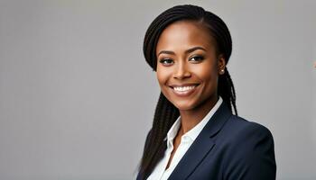 AI generated Face portrait, manager and happy black woman, business leader or employee smile for startup photo