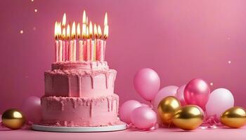 AI generated Pink birthday cake with golden candles and balloons photo