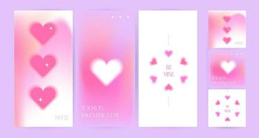 Happy Valentine's Day square and vertical greeting cards set. Trendy gradients, blurred heart shapes, typography in y2k style. Social media stories templates. Vector illustration for mobile apps, add