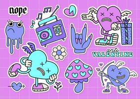 Funny groovy y2k anti Valentines day stickers set. 2000s anti love conception with retro cartoon characters of hearts. Trendy neon color vector illustration.