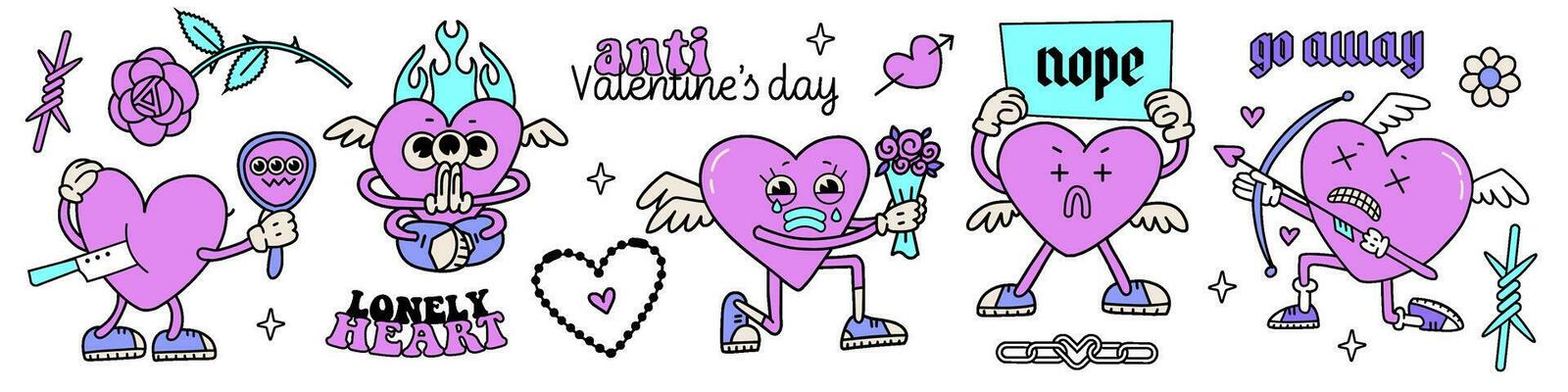 Set of retro cartoon hearts and funny grungy elements. Collection of comic characters in trendy y2k psychedelic weird cartoon style. Trendy neon 2000s Anti valentines day concept. Vector illustration
