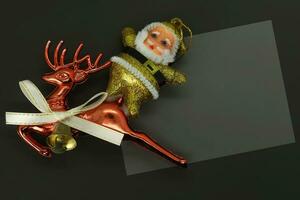 Santa Claus and reindeer with blank paper on a black background. photo