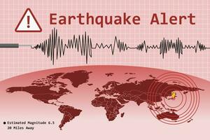 terremoto alerta concepto con pulsación epicentro ubicación marca y mundo mapa. vector ilustración.