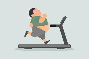 An overweight fat man running on treadmill. Weight loss and anti-obesity. Vector illustration.