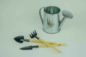 garden tools, rake and shovel next to a watering can on a light background, photo