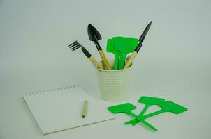 garden objects on a light background, watering can pots for planting, shovels with rakes for working in the garden and vegetable garden. High quality photo