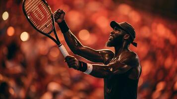 AI generated A tennis player jubilantly celebrates with his racket after a victorious match. Generative AI photo