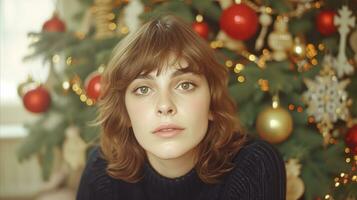 ai generado joven mujer retrato con festivo Navidad árbol en antecedentes foto