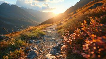 AI generated An autumn path between mountains with green grasses and flowers. photo