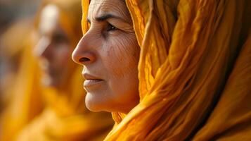 ai generado un mujer vistiendo un amarillo cabeza bufanda. generativo ai foto