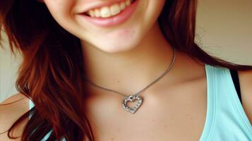 AI generated The girl smiles with a pretty heart necklace. photo