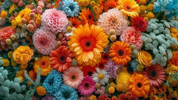 ai generado un grupo de flores de diferente colores en parte superior de cada otro. foto