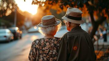 AI generated Elderly couple walk through the street on a summer day. Generative AI photo