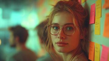 AI generated Focused young woman with glasses surrounded by sticky notes photo