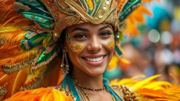 ai generado alegre mujer en vistoso carnaval disfraz con pluma tocado foto