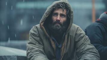 AI generated A homeless man in a hoodie sits on steps in the rain, seeking shelter and warmth amidst difficult circumstances. photo