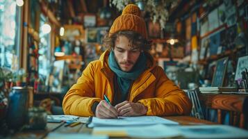 AI generated Focused man writing in notebook at cozy cafe during winter photo