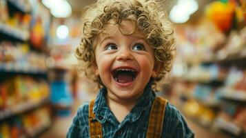 ai generado alegre niñito riendo en tienda de comestibles Tienda pasillo con brillante antecedentes foto