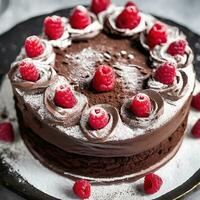 AI generated Raspberry Elegance Close-Up Shot of Luscious Chocolate Cake photo