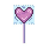 Heart shaped and packaged pixel lollipop, 8 bit, retro, y2k pixel icon on a completely white background  vector