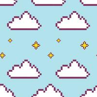 star pixel sky, stars and clouds seamless pattern, squares, retro vector