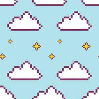 star pixel sky, stars and clouds seamless pattern, squares, retro vector