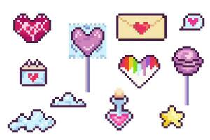 Pixel set valentines day, hearts, chupachups, potion, lgbt, 8 bit, retro, y2k pixel icon on white background vector