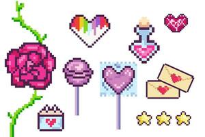 Pixel set valentines day, hearts, chupachups, potion, lgbt, 8 bit, retro, y2k pixel icon on white background vector